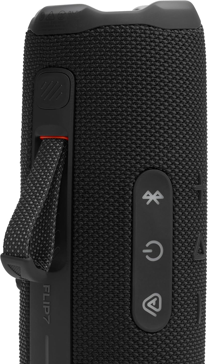 Flip 7 - Portable Waterproof and Drop-Proof Speaker, Bold Pro Sound with AI Sound Boost, 16Hrs of Playtime, and Pushlock System with Interchangeable Accessories (Black)