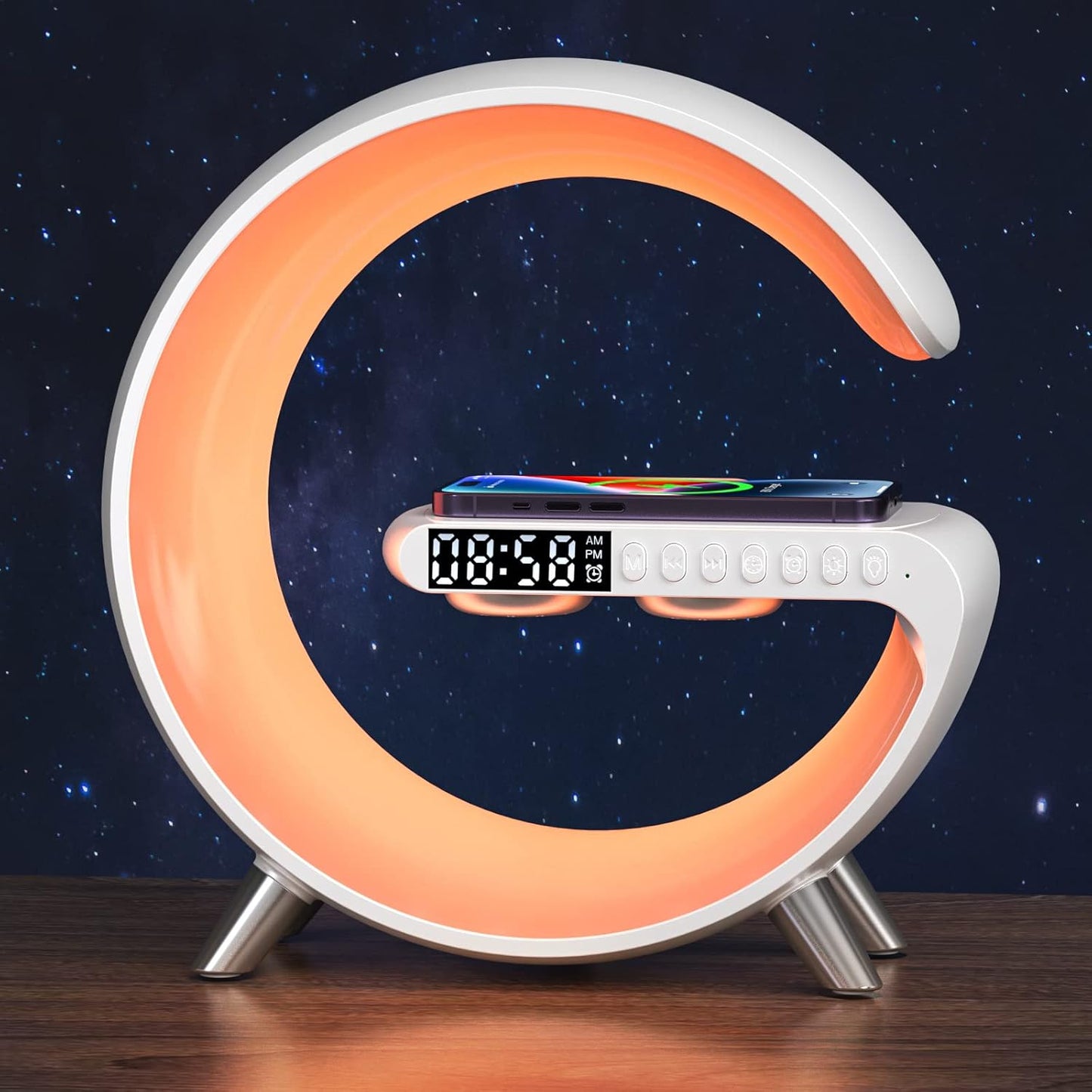 LED Wireless Charger Ambience Light, Multifunctional Table Lamp Alarm Clock Bedside Night Light Smart Bluetooth Audio Lamp Suitable for Bedroom Home Decoration (White)