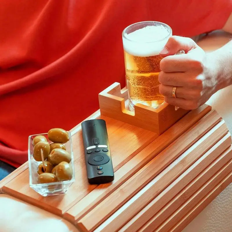 Couch Cup Holder Bamboo Wood Sofa Armrest Tray Foldable Sofa Cup Holder Anti-Slip Couch Arm Cup Holder Sofa Side Storage Tray