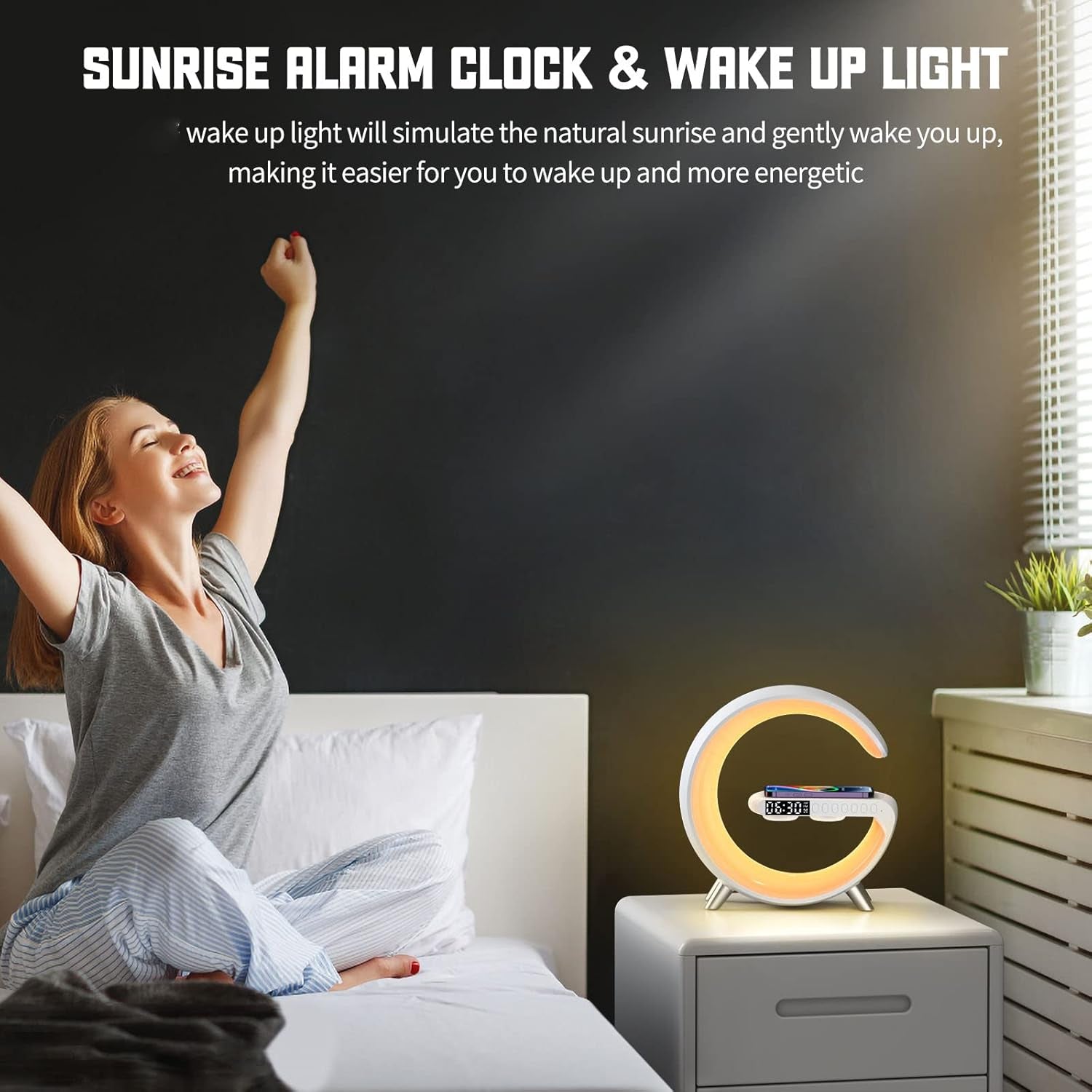 LED Wireless Charger Ambience Light, Multifunctional Table Lamp Alarm Clock Bedside Night Light Smart Bluetooth Audio Lamp Suitable for Bedroom Home Decoration (White)
