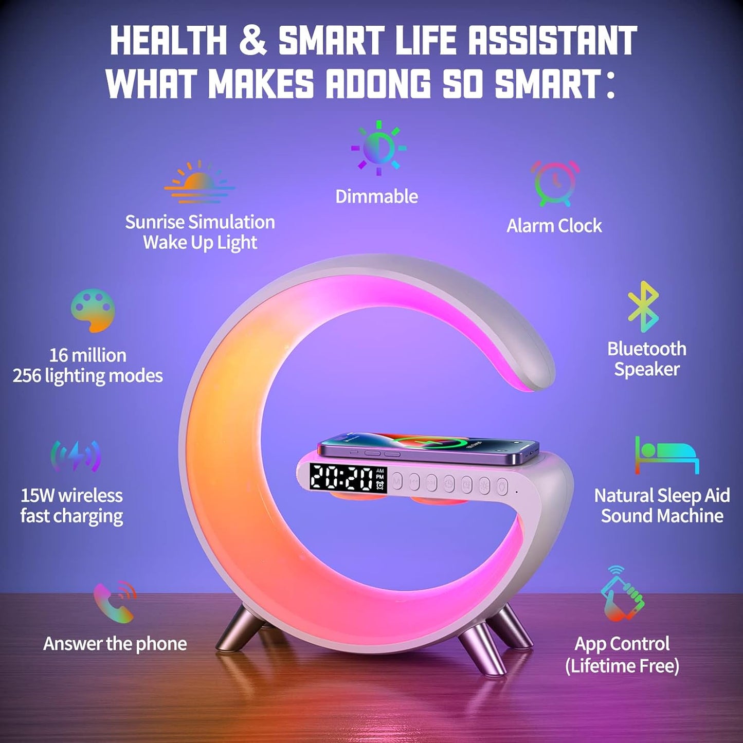 LED Wireless Charger Ambience Light, Multifunctional Table Lamp Alarm Clock Bedside Night Light Smart Bluetooth Audio Lamp Suitable for Bedroom Home Decoration (White)