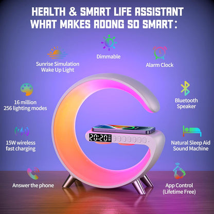 LED Wireless Charger Ambience Light, Multifunctional Table Lamp Alarm Clock Bedside Night Light Smart Bluetooth Audio Lamp Suitable for Bedroom Home Decoration (White)