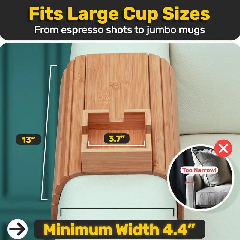Couch Cup Holder Bamboo Wood Sofa Armrest Tray Foldable Sofa Cup Holder Anti-Slip Couch Arm Cup Holder Sofa Side Storage Tray