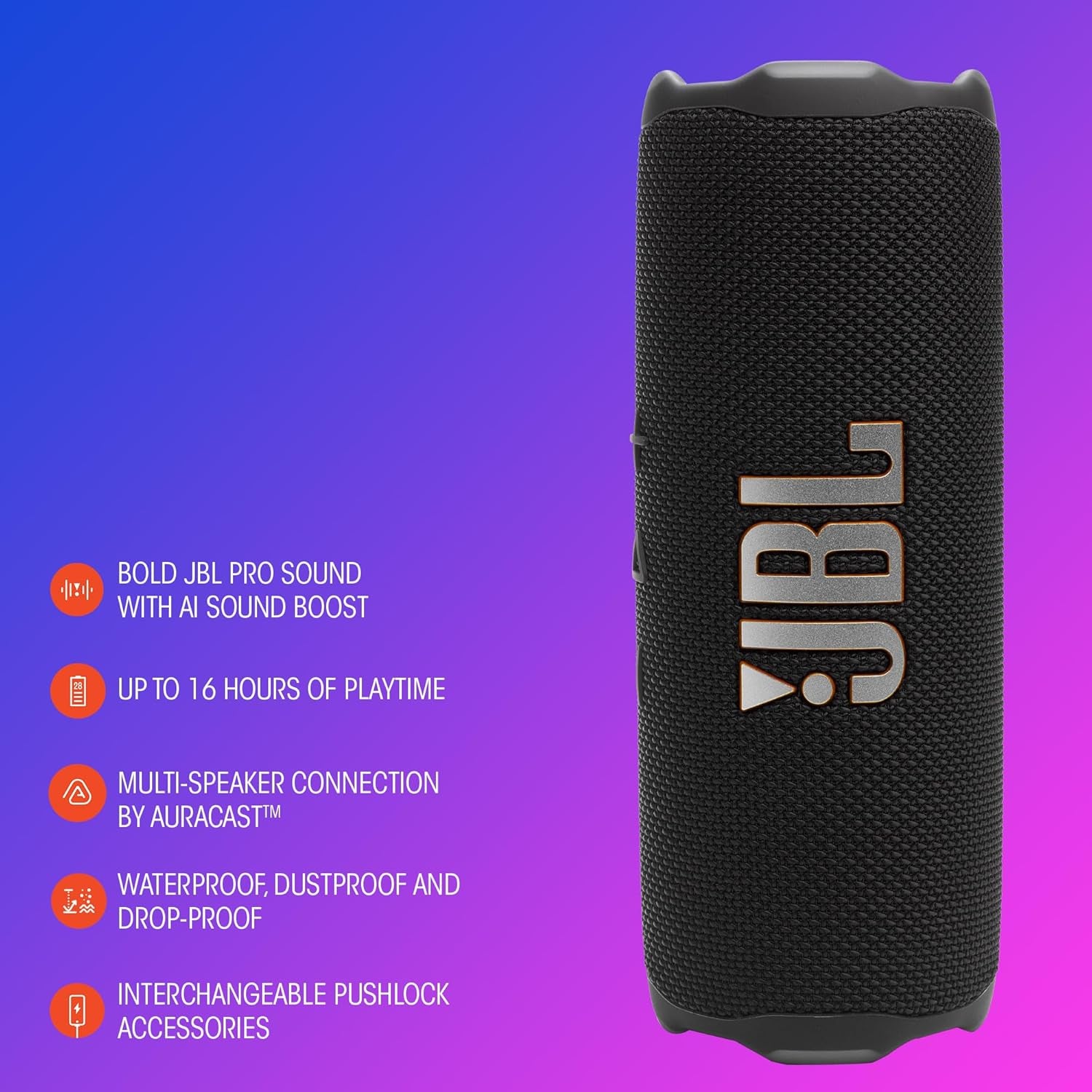 Flip 7 - Portable Waterproof and Drop-Proof Speaker, Bold Pro Sound with AI Sound Boost, 16Hrs of Playtime, and Pushlock System with Interchangeable Accessories (Black)
