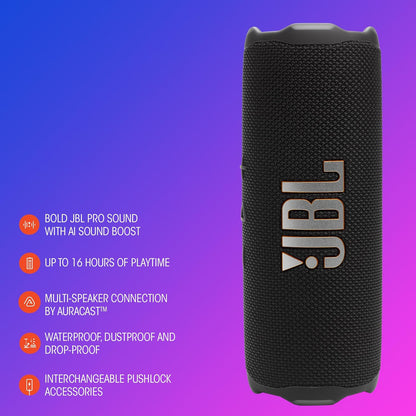 Flip 7 - Portable Waterproof and Drop-Proof Speaker, Bold Pro Sound with AI Sound Boost, 16Hrs of Playtime, and Pushlock System with Interchangeable Accessories (Black)