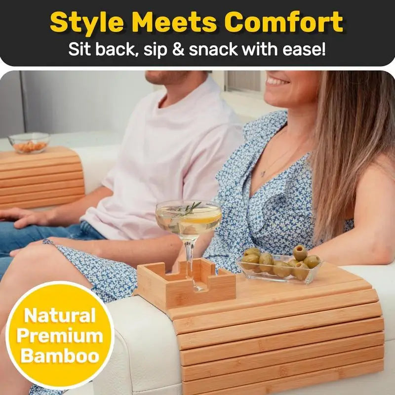 Couch Cup Holder Bamboo Wood Sofa Armrest Tray Foldable Sofa Cup Holder Anti-Slip Couch Arm Cup Holder Sofa Side Storage Tray