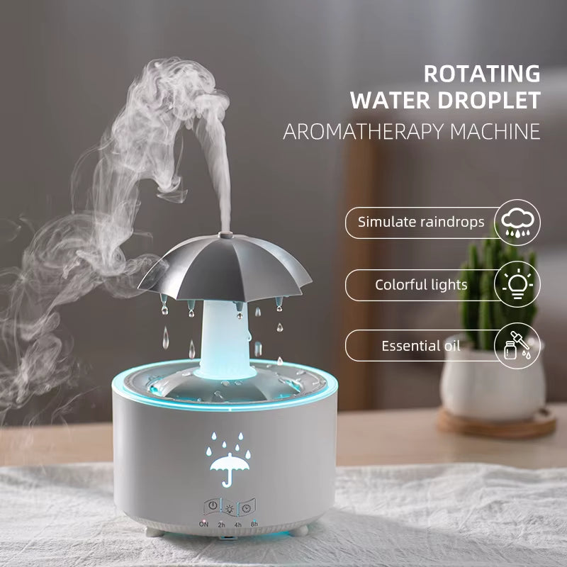 Seven Color Lighting Rotating Aroma Diffuser Essential Oil Aromatherapy Raindrop Air Humidifier with Umbrella for Household