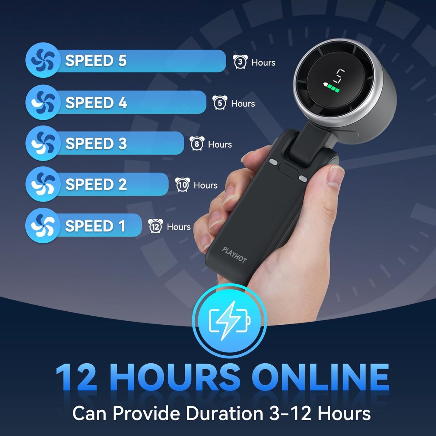 Portable Handheld Turbo Fan, 5 Gear Wind, Battery Operated, up to 12 Working Hours, 3 in 1 Hand Fan with Air Turbo Tech Cooling Fan for Outdoor Activities, Travel, Beach (Black)