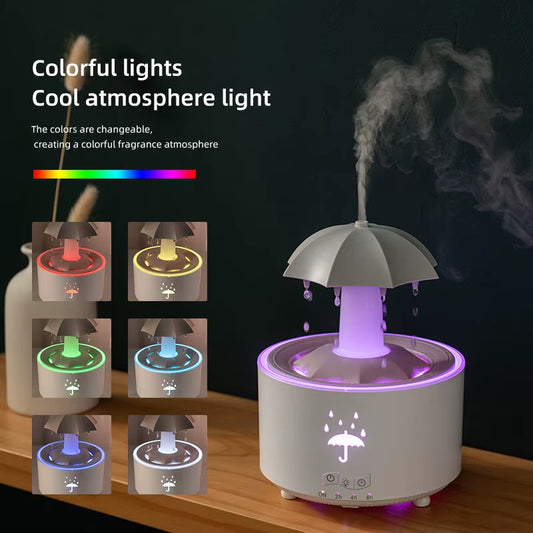 Seven Color Lighting Rotating Aroma Diffuser Essential Oil Aromatherapy Raindrop Air Humidifier with Umbrella for Household