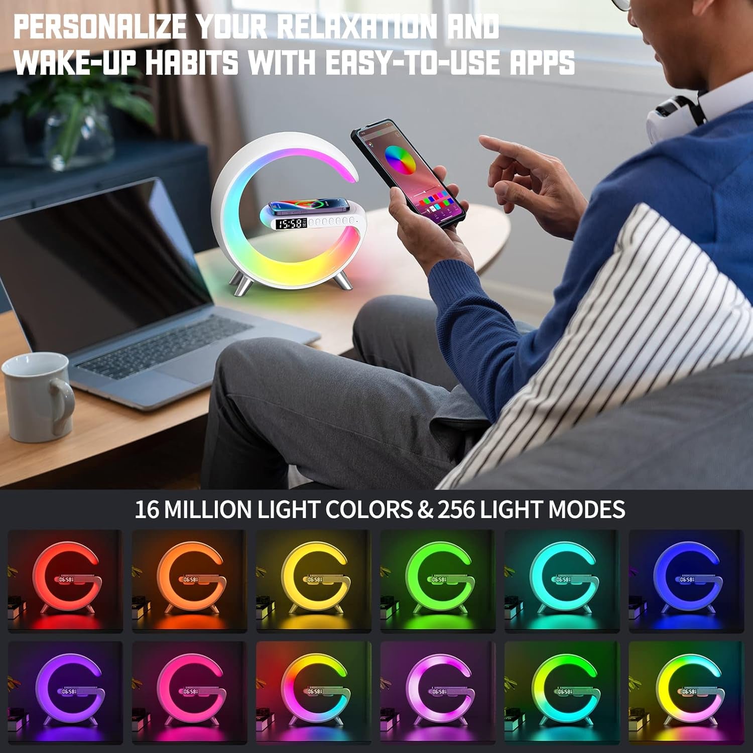 LED Wireless Charger Ambience Light, Multifunctional Table Lamp Alarm Clock Bedside Night Light Smart Bluetooth Audio Lamp Suitable for Bedroom Home Decoration (White)