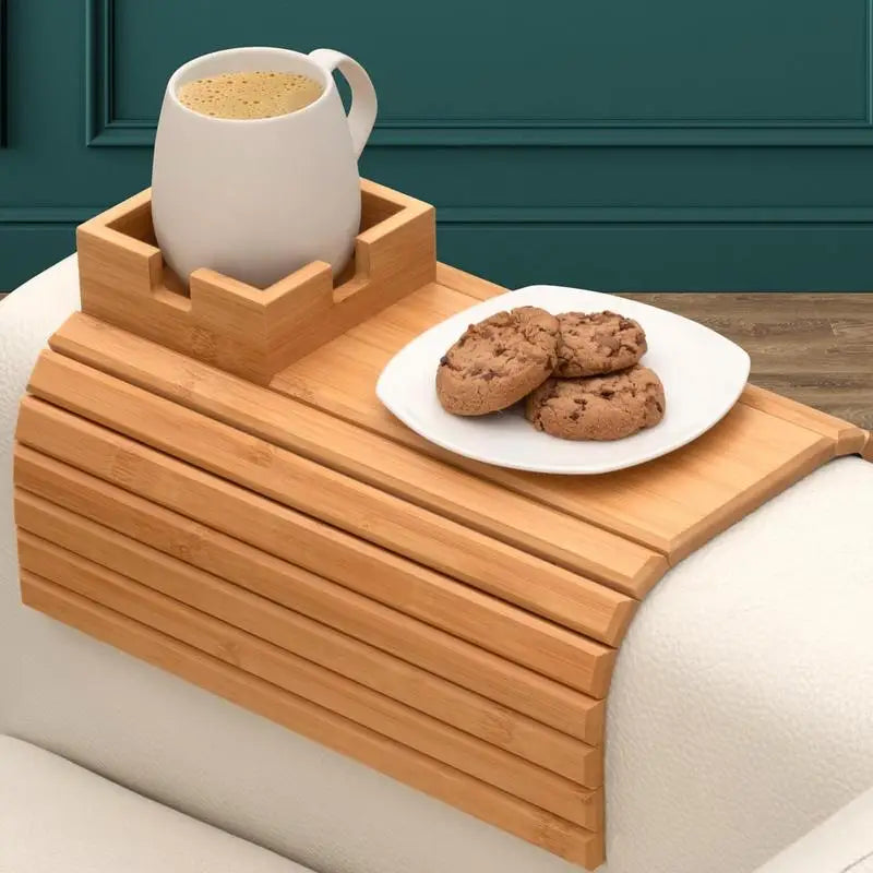 Couch Cup Holder Bamboo Wood Sofa Armrest Tray Foldable Sofa Cup Holder Anti-Slip Couch Arm Cup Holder Sofa Side Storage Tray