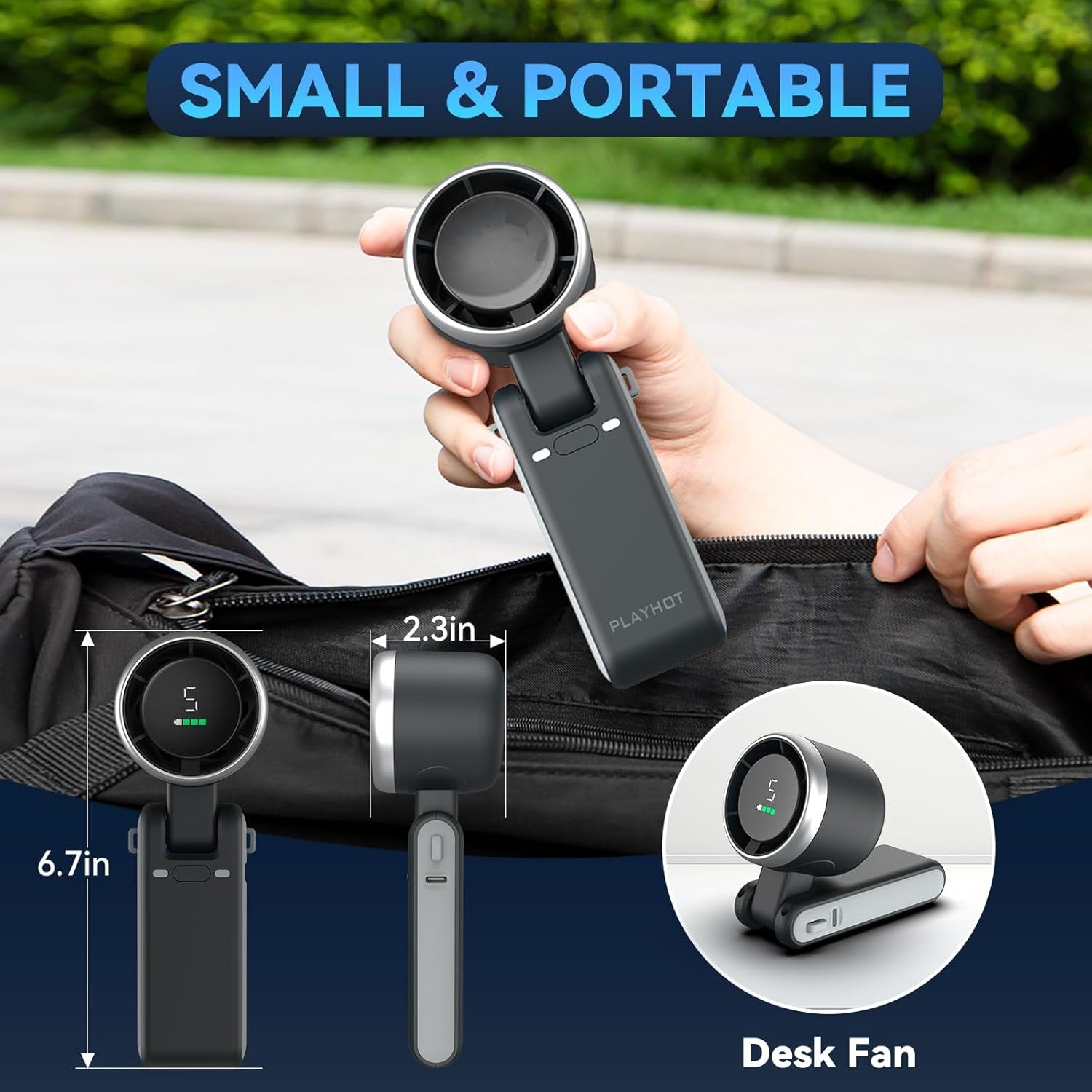 Portable Handheld Turbo Fan, 5 Gear Wind, Battery Operated, up to 12 Working Hours, 3 in 1 Hand Fan with Air Turbo Tech Cooling Fan for Outdoor Activities, Travel, Beach (Black)