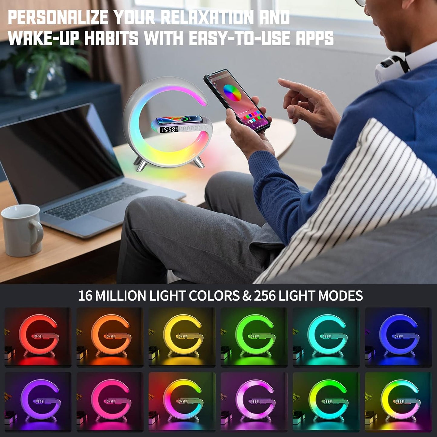 LED Wireless Charger Ambience Light, Multifunctional Table Lamp Alarm Clock Bedside Night Light Smart Bluetooth Audio Lamp Suitable for Bedroom Home Decoration (White)