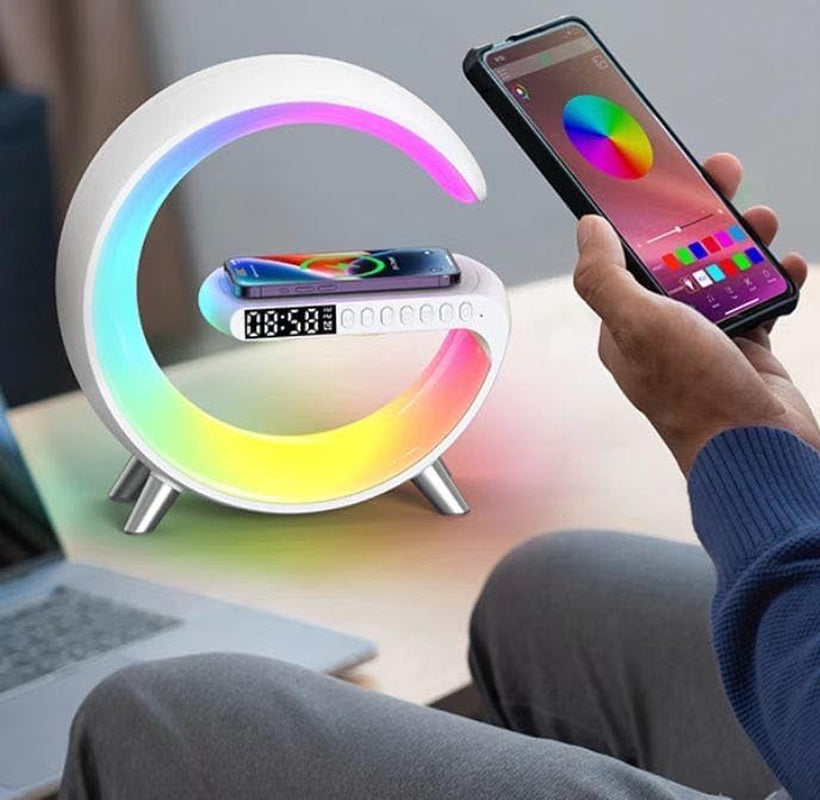 LED Wireless Charger Ambience Light, Multifunctional Table Lamp Alarm Clock Bedside Night Light Smart Bluetooth Audio Lamp Suitable for Bedroom Home Decoration (White)